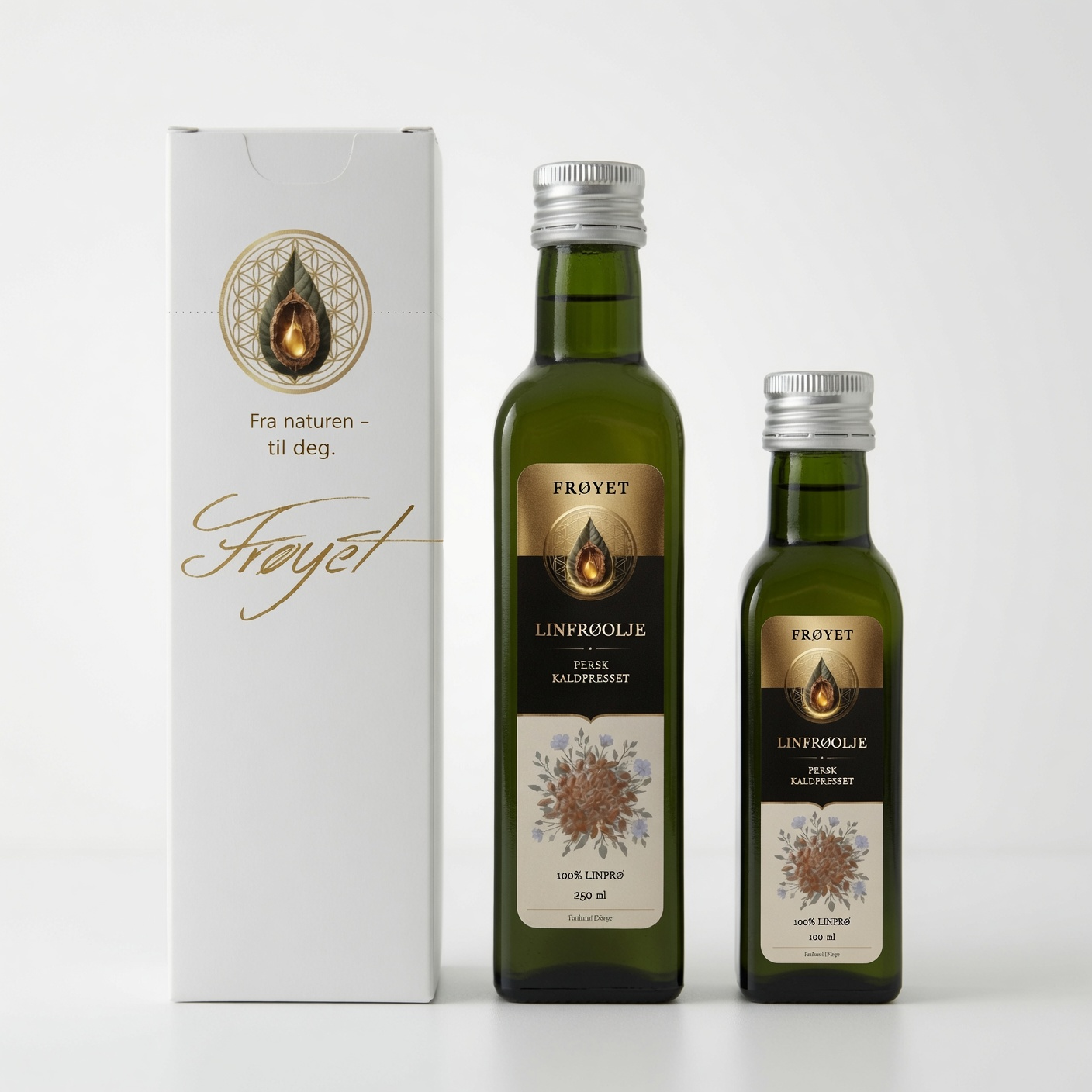 Frøyet linfröolja i 250 ml och 100 ml flaska, bredvid asken